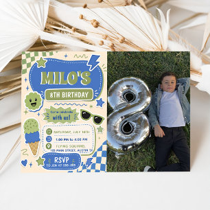 Retro Blue Green Boy Birthday Invitation