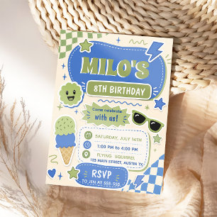 Retro Blue Green Boy Birthday Invitation
