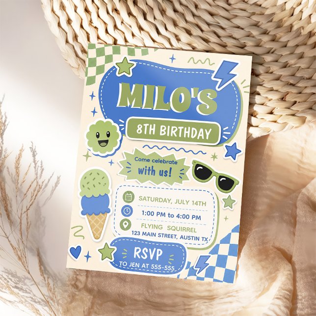 Retro Blue Green Boy Birthday  Invitation (Creator Uploaded)