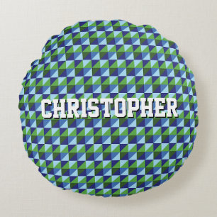 Retro Blue & Green Geometric Triangle Abstract Round Cushion