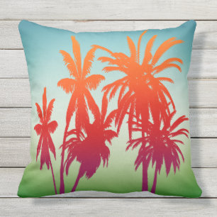 Retro Blue Green Orange Sunset Palm Trees Cushion