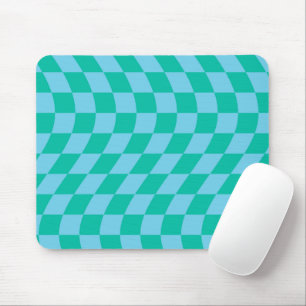 Retro Blue Green Wavy Warped Chequerboard  Mouse Pad