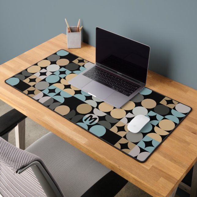 Retro Blue Grey Beige Brown Black Pop Art Pattern Desk Mat (Office 2)