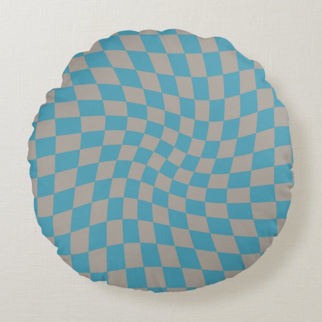 Retro Blue Grey Checks Warped Chequered   Round Cushion (Front)