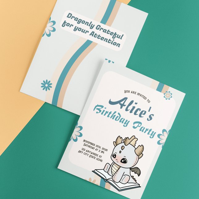 Retro Blue Grey Pastel Baby Dragon Birthday Invitation (Creator Uploaded)
