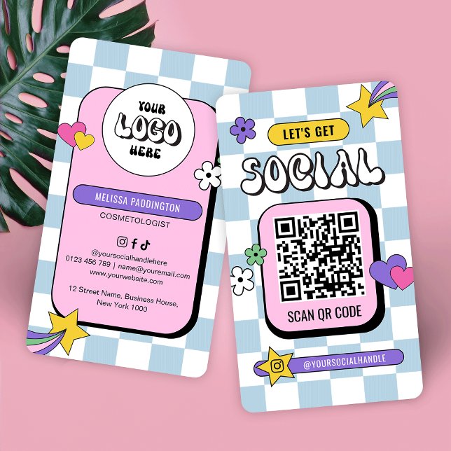 Retro Blue Groovy Logo Social Media QR Code Business Card (Trendy pink QR code business cards with retro blue background, your logo & QR Code)
