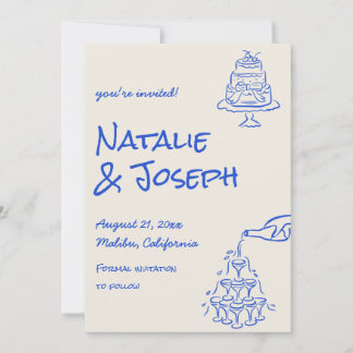 Retro Blue Hand Drawn Champagne Tower Cake Wedding Save The Date