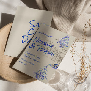 Retro Blue Hand Drawn Champagne Tower Cake Wedding Save The Date