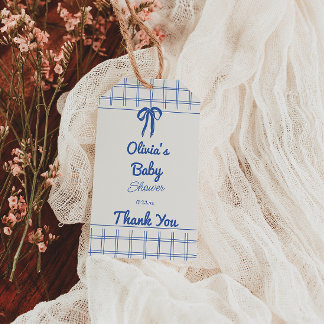 Retro Blue Hand Drawn Gingham Bow Baby Boy Gift Tags
