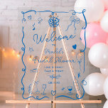 Retro blue hand drawn illustrated bridal shower acrylic sign<br><div class="desc">Welcome guests in style with our charming Retro french blue Bridal Shower Welcome Transparent Sign! This delightful sign features a vintage-inspired design with whimsical elements such as , food, drinks, balloons, hearts, and a pretty flowers. Framed by a playful squiggly wavy ribbon, this sign adds a touch of warmth and...</div>