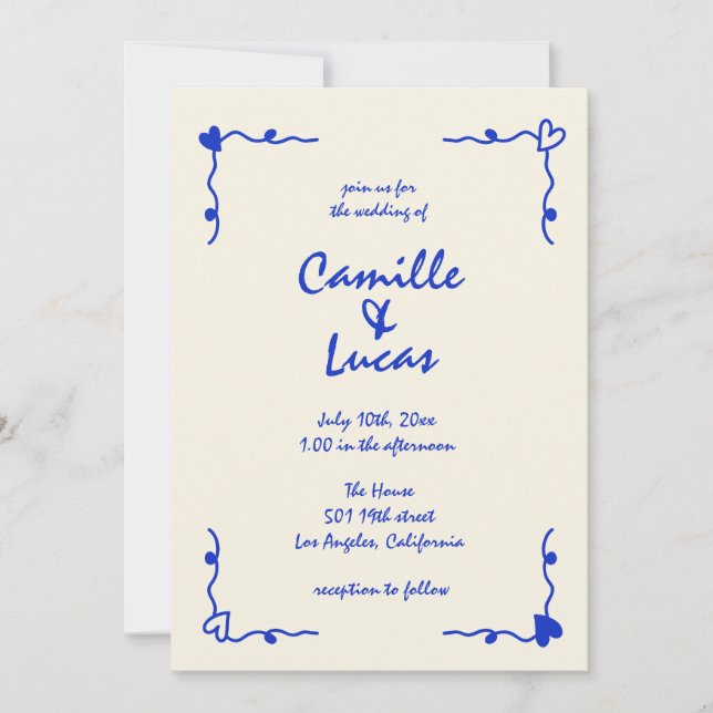 Retro Blue Handwritten Whimsical Wedding  Invitation (Front)