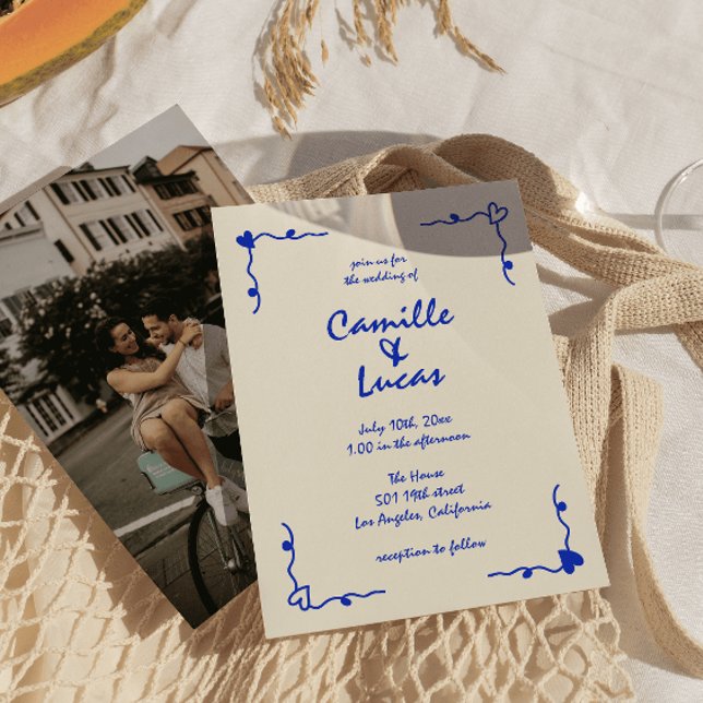 Retro Blue Handwritten Whimsical Wedding  Invitation (Creator Uploaded)
