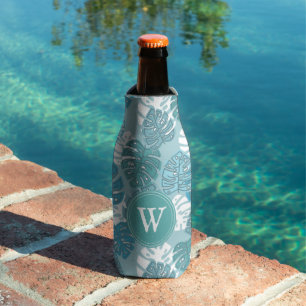 Retro Blue Hawaiian Monstera Leaf Monogram Bottle Cooler