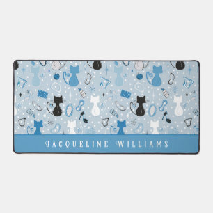 Retro Blue Heart Cats  Desk Mat