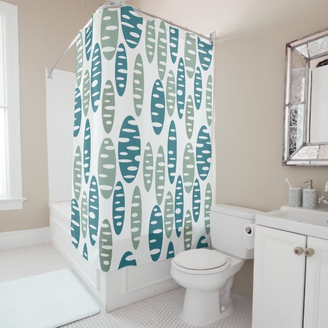 Retro Blue Holey Ovals  Shower Curtain (In Situ)