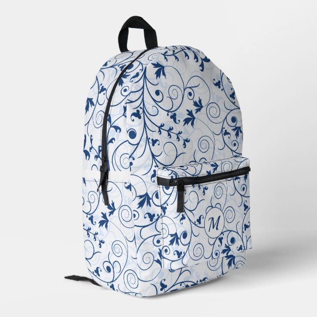 Retro Blue Leaf Swirl Pattern Monogram Printed Backpack (Back Corner Left)