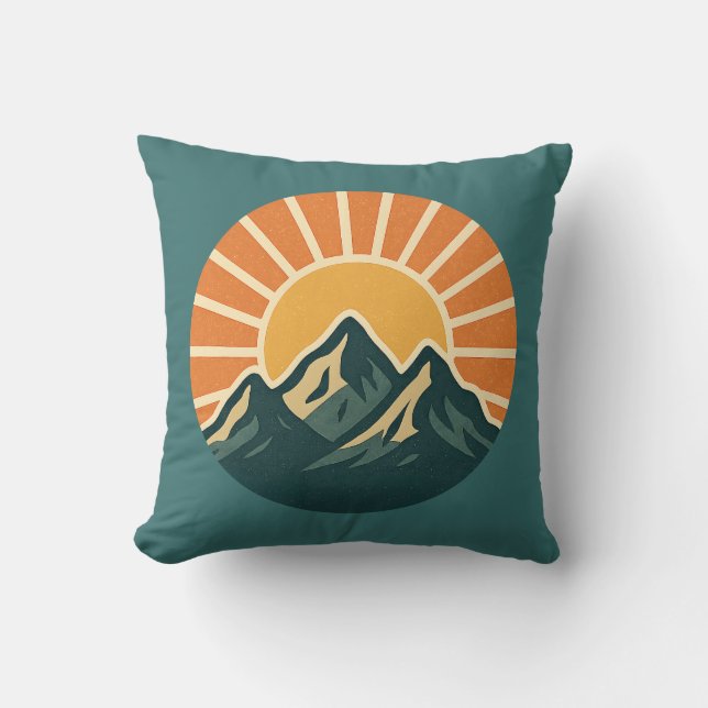Retro Blue Mountain Sunrise | Outdoor Nature Teal Cushion (Front)