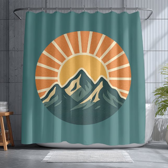 Retro Blue Mountain Sunrise | Outdoor Nature Teal Shower Curtain (Creator Uploaded)