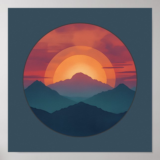 Retro Blue Mountain Sunset | Nature Watercolor Art Poster (Front)