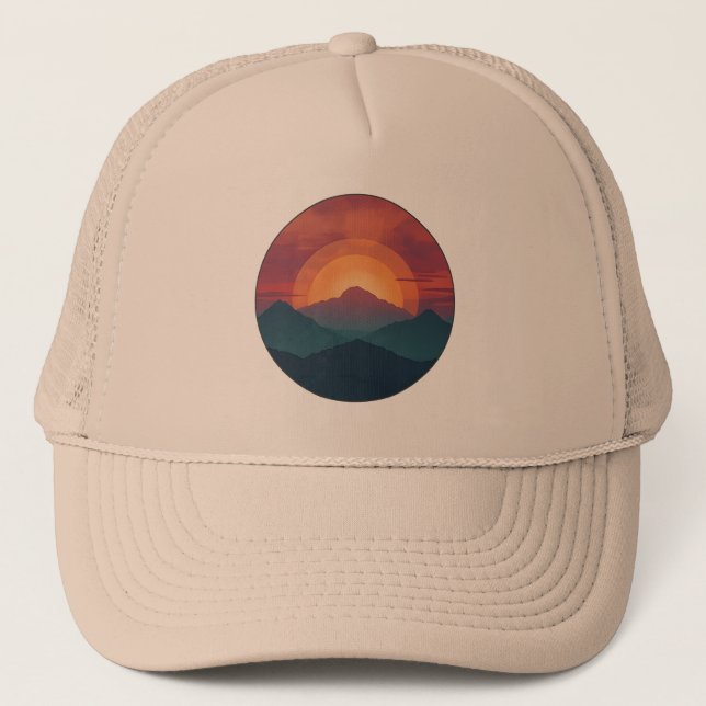 Retro Blue Mountain Sunset | Nature Watercolor Art Trucker Hat (Front)