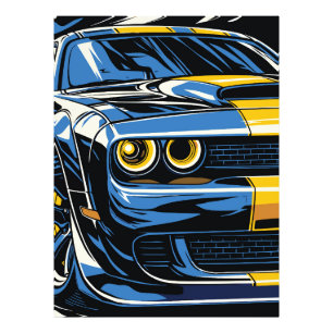 Retro Blue Muscle Car Front Pop Art Illustration Photo Print