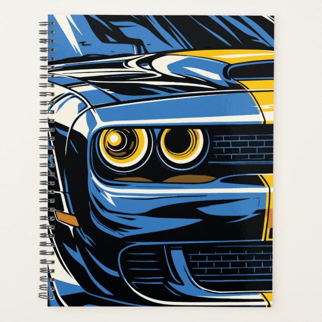 Retro Blue Muscle Car Front Pop Art Illustration Planner (Front)