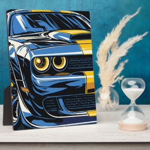 Retro Blue Muscle Car Front Pop Art Illustration Plaque