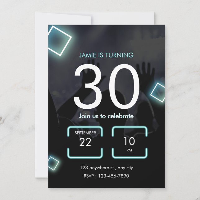 Retro Blue Neon 30th Birthday Invitation (Front)