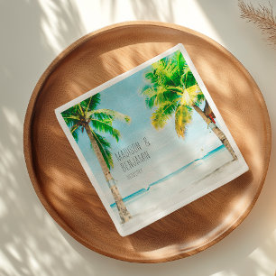 Retro Blue Ocean Beach Palm Trees Tropical Wedding Napkin