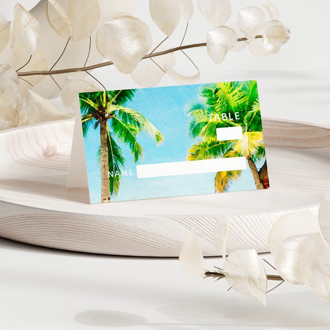 Retro Blue Ocean Beach Palm Trees Tropical Wedding Place Card (Creator Uploaded)