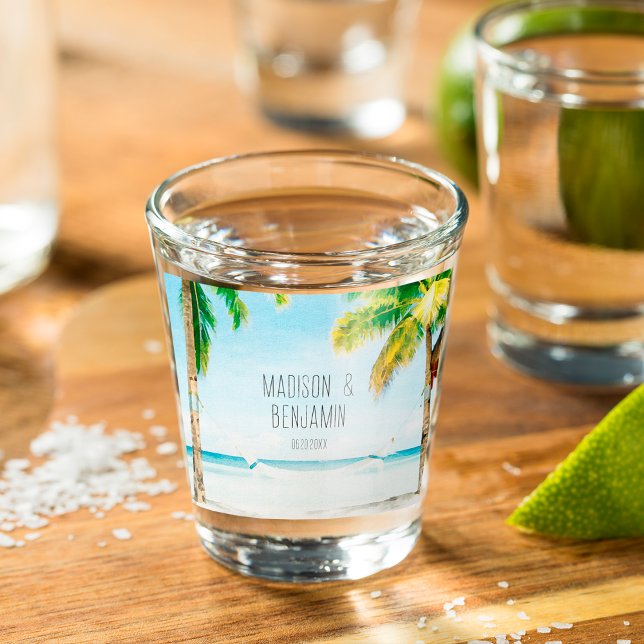 Retro Blue Ocean Beach Palm Trees Tropical Wedding Shot Glass (Creator Uploaded)