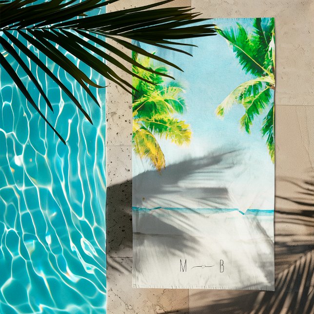 Retro Blue Ocean Beach Palm Trees Tropical Wedding Towel (Creator Uploaded)