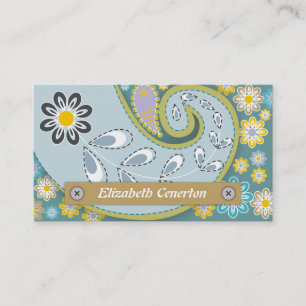 Retro blue, olive green paisley motif floral business card
