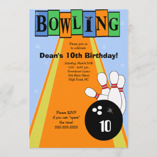 Retro Blue & Orange Birthday Bowling Party Invite