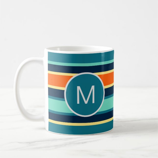 Retro Blue Orange Custom Colour Striped Monogram Coffee Mug (Left)