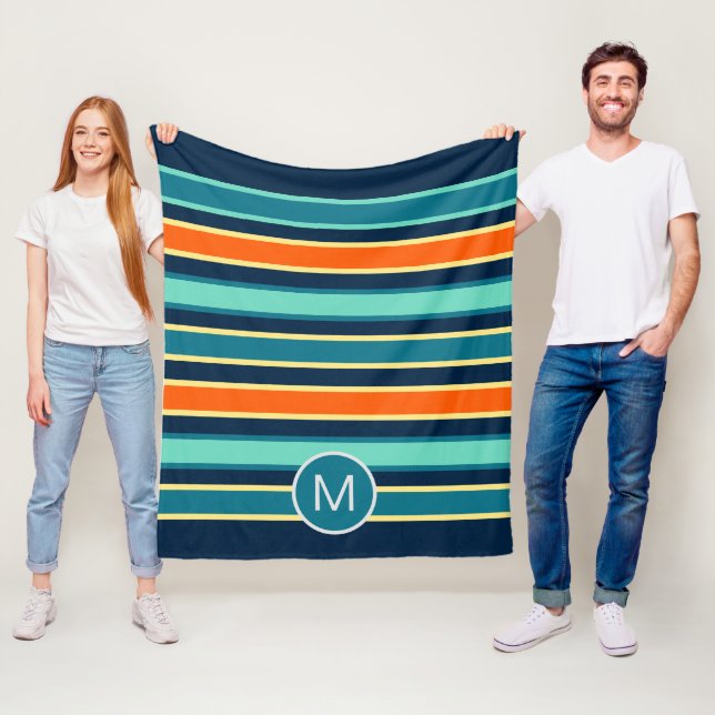 Retro Blue Orange Custom Colour Striped Monogram Fleece Blanket (In Situ)