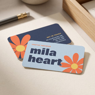 Retro Blue Orange Floral Business Card