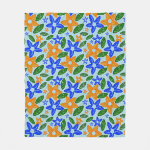 Retro Blue & Orange Floral Fleece Blanket