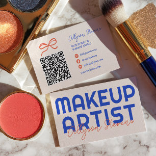 Retro Blue Orange Makeup Artist QR Code Business Card