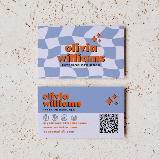Retro Blue Orange QR Code Groovy Checkered Unique  Business Card (Creator Uploaded)