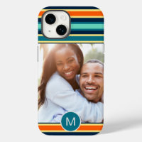 Retro Blue Orange Striped Monogram Custom Photo