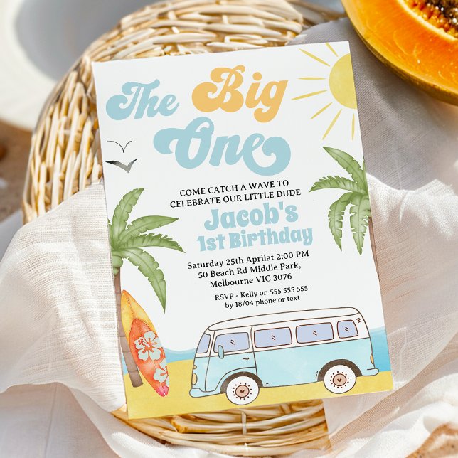 Retro Blue Orange Surfer The Big One 1st Birthday Invitation (The Big One Surf 1st Birthday Invitation Template, Beach Surf The Big One 1st Birthday Invitation, 
)