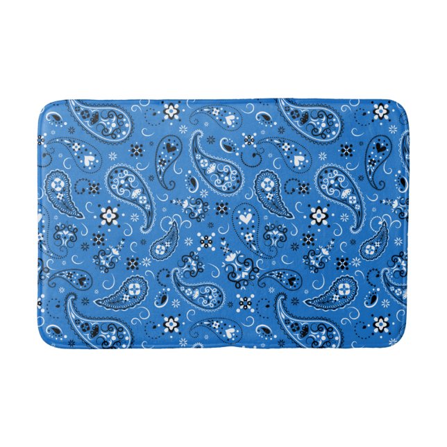 Retro Blue Paisley Bandanna Pattern Bath Mat (Front)