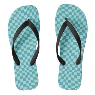 Retro Blue Pastel Warped Checks Chequered  Jandals