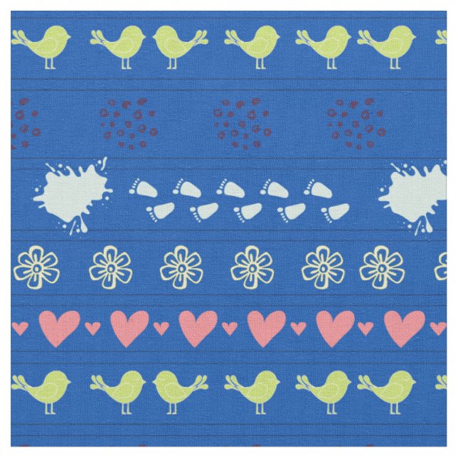 Retro blue pattern of birds, dots, footsteps,  fabric (Close Up)