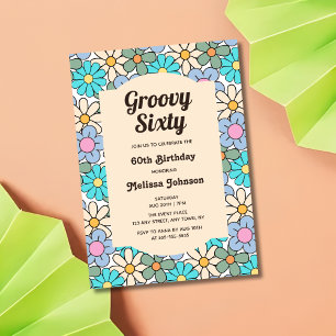 Retro Blue Peach Floral Groovy 60th Birthday Invitation