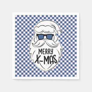 Retro Blue Pink Checkered Santa Claus Christmas  Napkin
