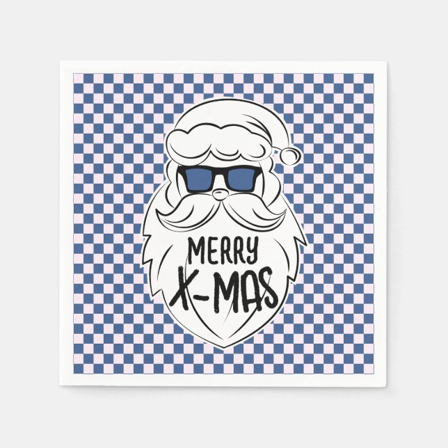 Retro Blue Pink Checkered Santa Claus Christmas  Napkin (Front)