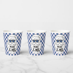 Retro Blue Pink Checkered Santa Claus Christmas Paper Cups