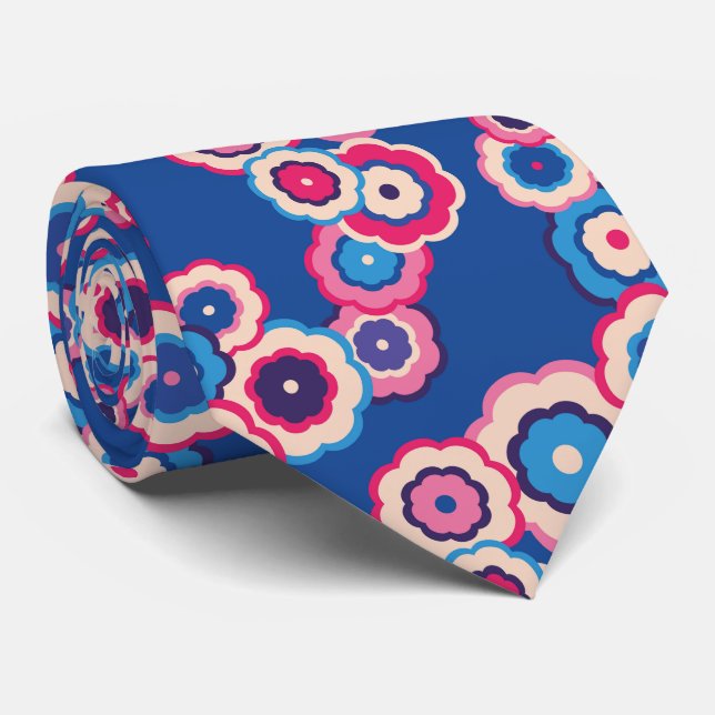 Retro Blue Pink Floral 60s pattern Tie (Rolled)
